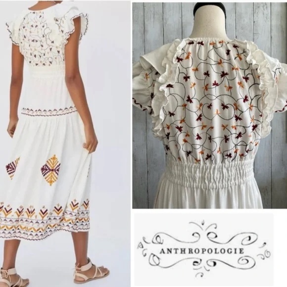 Anthropologie Embroidered RUFFLE-Sleeve Midi Dress - Picture 5 of 12